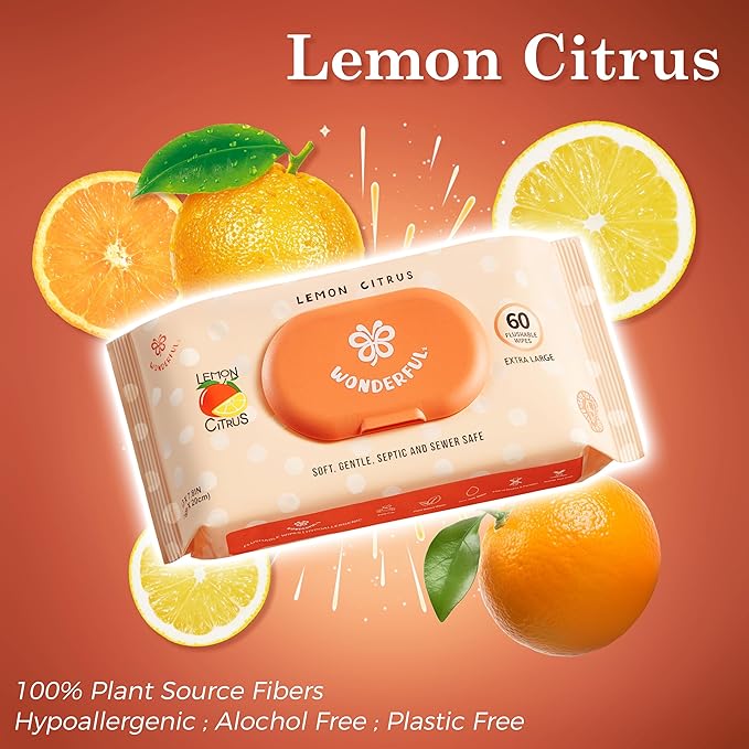 WONDERFUL Flushable Butt Wipes, Lemon Citrus 100% Plant-Based Wet Wipes for Adults & Kids; Sewer, Septic Safe; Gentle for Sensitive Skin, Wipes Flushable Pack for Bathroom & Travel, 3-Pack (180 Wipes)