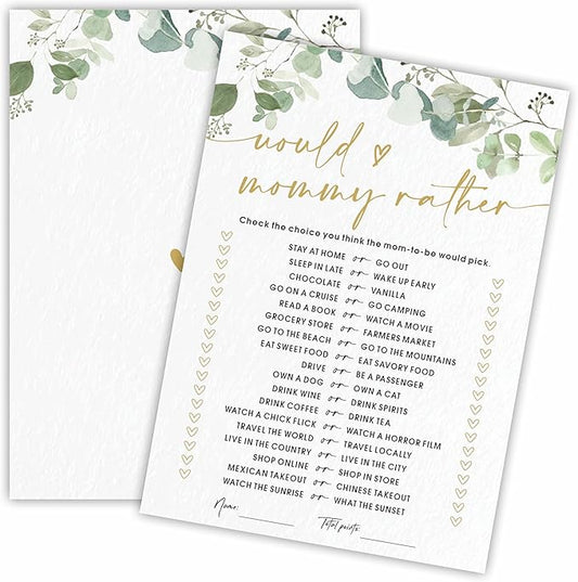 Would Mommy Rather Baby Shower Game Cards - Golden Greenery - 30 Double-Sided Fill In Style Game Cards For Gender Reveal, Baby Announcement, Party Games & Activity - D06