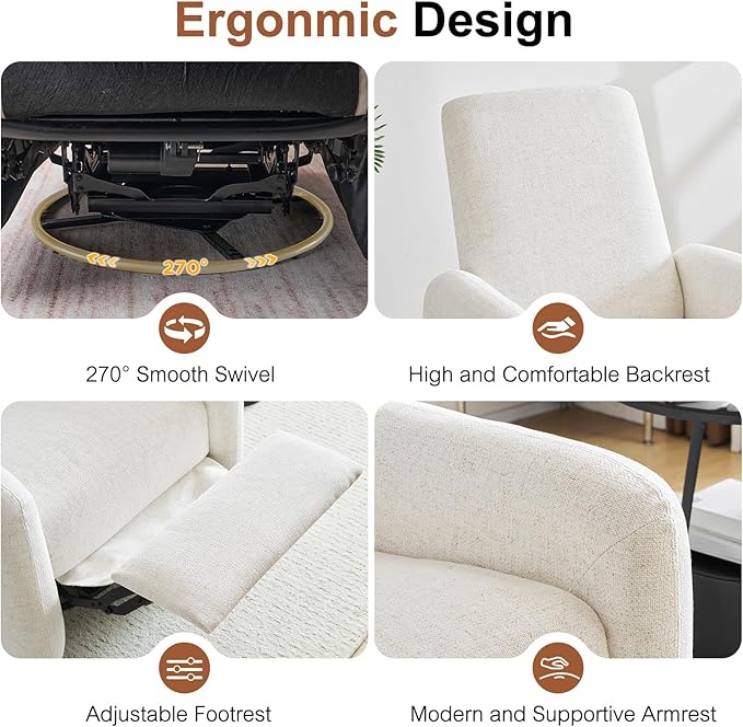 Nursery Rocking Chairs, 270° Large Power Swivel Glider Rocker Recliner w/USB & Type-C Charging Port, Rotating Rocking Reclining Nursing Chair for Breastfeeding, Living Room,Bedroom,Beige