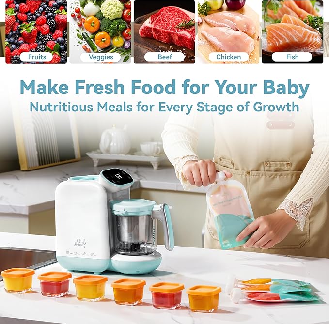 Chefhandy 5-in-1 Baby Food Maker with Steam Basket & Touch Screen | Baby Food Processor and Steamer | Auto Steam, Blend, Milk Warmer | Baby Steamer & Blender for Healthy Homemade(White Blue)