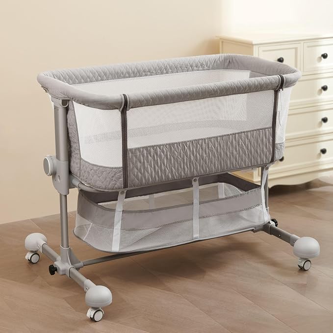 SUNVENO Baby Bassinet, Bedside Sleeper for Baby Easy Folding Portable Crib for Newborn Infant with Detachable Mattress, Straps, Height Angle Adjustable, Breathable Mesh, Grey
