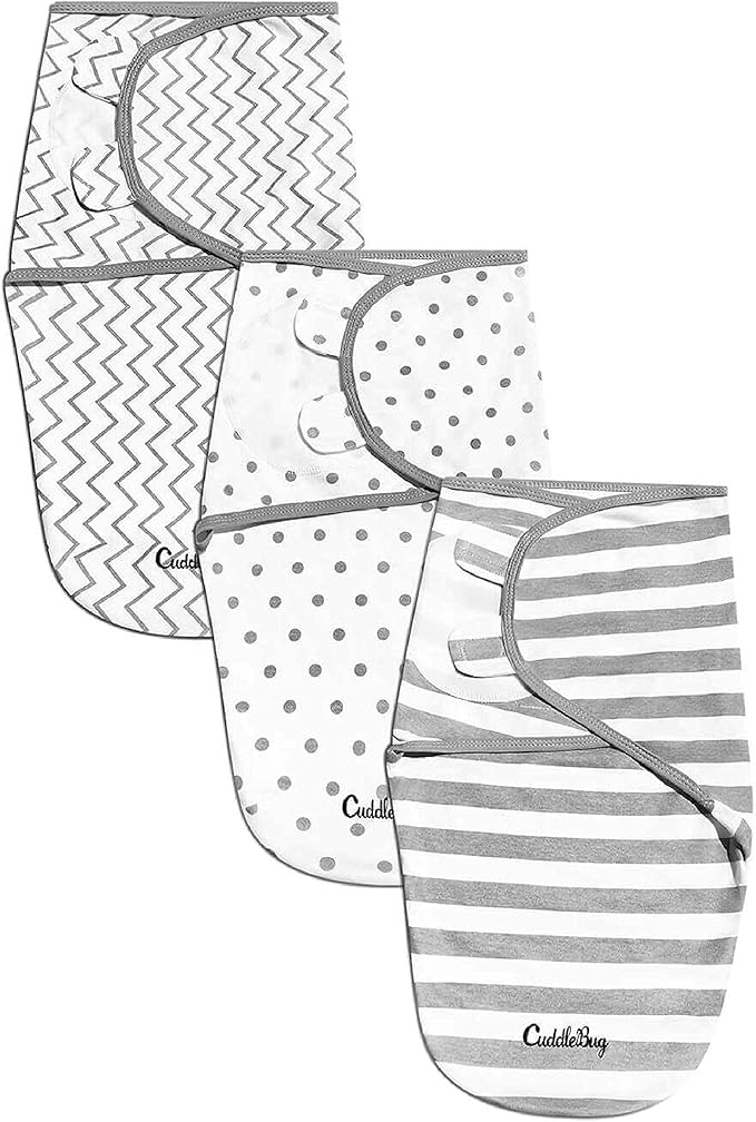 CuddleBug Adjustable Baby Swaddle Blanket & Wrap (Spots & Stripes), Pack of 3 (Small/Medium 0-3 Months Old)