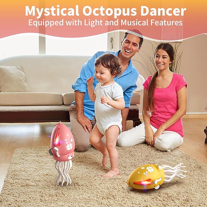 Interactive Dancing Octopus Toy, LED Light-Up Music Crawling Squid with Smart Obstacle Avoidance & Fishing Rod,Tummy Time Baby Toy, Musical Toy for 3 4 5 6 Year Old Boys and Girls(Red)