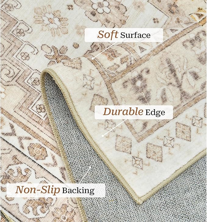 zesthome 2x3 Entryway Rug, Soft Washable Rugs, Non Slip Area Rug, Stain Resistant Low Pile Rugs for Bedroom, Vintage Rug for Door Mat, Kitchen (Cream/Beige,2'x3')