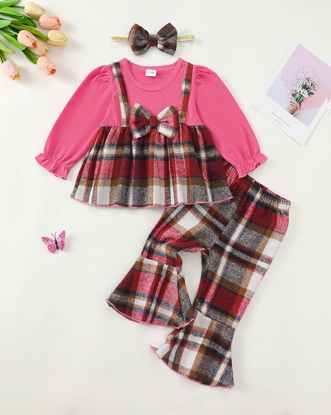 Kucnuzki Toddler Baby Girl Clothes Outfit Long Sleeve Plaid T Shirt Top Flare Leggings Pants 2 Piece Outfit Kids Clothes