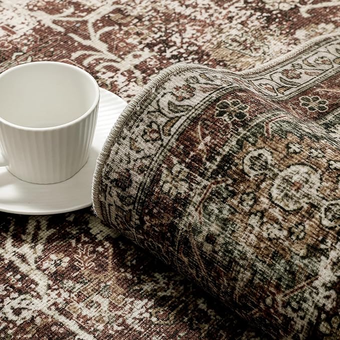 Vintage Area Rug 5x7 Rust Red Washable Living Room Large Carpet Non Slip Bedroom Indoor Office Low Pile Traditional Distressed Retro Accent Rug for Dining Room Bathroom Kitchen