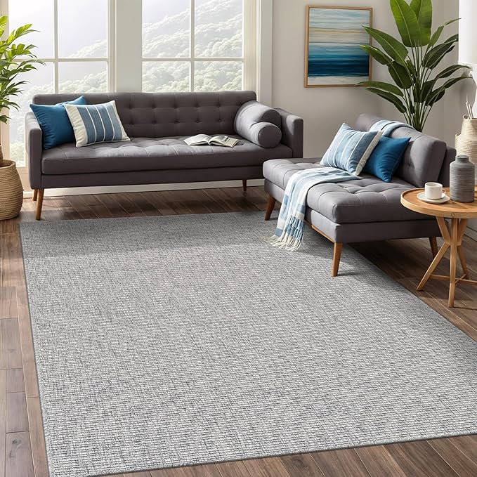 Beverly Rug Easy Jute Large Rug 9x12 Solid Washable Durable Outdoor Indoor Area Rugs for Living Dining Room Patio Office Stain Resistant Non Shedding Casual Indoor Outside Carpet 9 x 12 Gray
