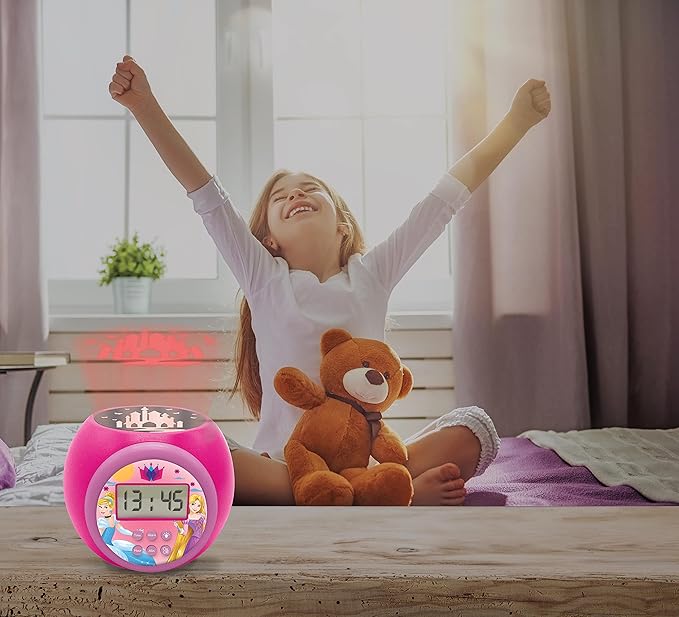 LEXIBOOK Projector Clock Disney Princess with Snooze Alarm Function, Night Light with Timer, LCD Screen, Battery Operated, Pink