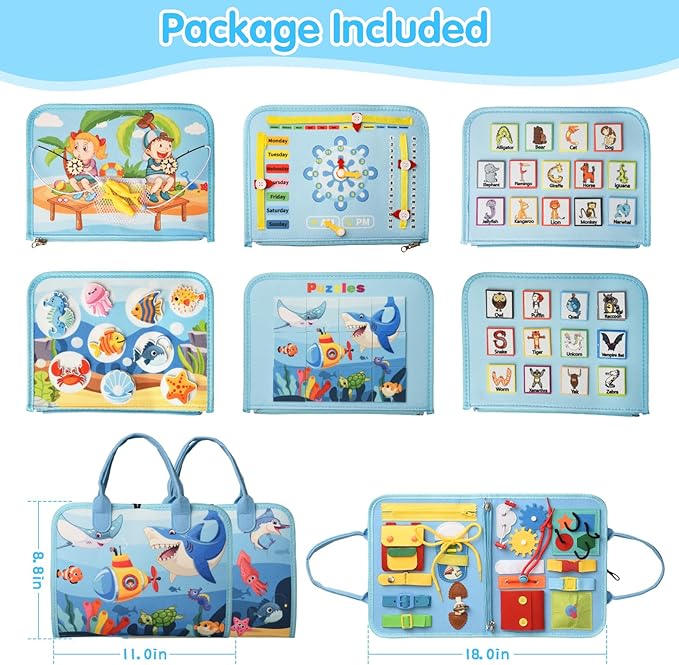 Busy Board Montessori Toys for 1 2 3 4 Year Old Boys & Girls Birthday Gifts, Toddlers Sensory Educational Travel Activities Busy Book with Fishing Game & Alphabet Puzzle & Fine Motor Skills