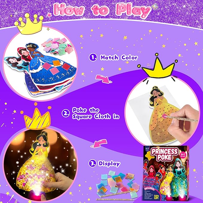 Fortand Poke-Art Crafts Kit for Kids, Princesses Craft Kits for Girls Ages 4-9 Paper Craft Kits with LED Base DIY Creative Activity Toys Gifts for Girls & Boys Ages 4 5 6 7 8 9 Mess-Free Fun for Kids