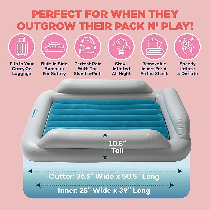 SlumberPod SlumberTot Inflatable Toddler Travel Bed - Portable Kids Air Mattress with Safety Bumpers - Perfectly Sized Ideal for Travel or Home Use - Includes Electric Pump