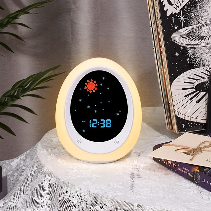 Kids Alarm Clock, Toddler Sleep Training Clock with Sun & Moon, Sound Machine, Night Light, Ok to Wake Alarm Clock for Children