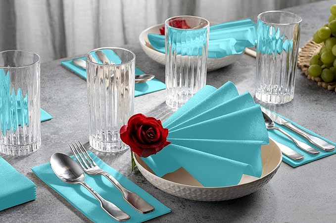 Linen-Feel Colored Paper Napkins - Decortive Cloth-Like Mint Blue Dinner Napkins - Soft And Absorbent. For Kitchen, Party, Wedding, Bathroom Or Any Occasion. (Pack of 100)