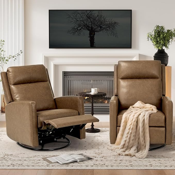 COLAMY Recliner Chair, PU Leather 360° Swivel Rocker Recliner, Nursery Glider Recliner with Ergonomic High Backrest and Upholstered Deep Seat for Living Room, Bedroom, Color Brown