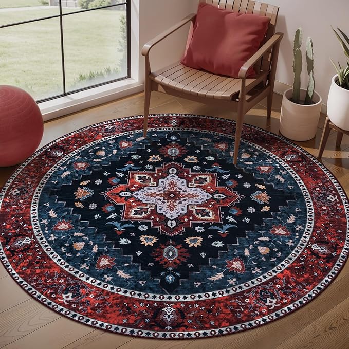 Ciicool Boho Area Rug 4x4ft Round Washable Bedroom Non-Slip Vintage Entryway Throw Low-Pile Indoor Carpet for Living Room Foyer