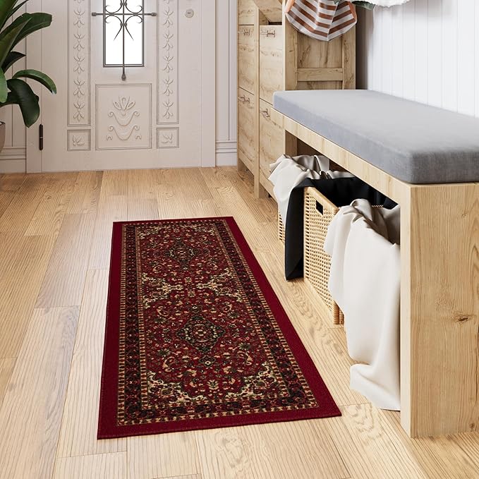 Ottomanson Hallway Runner Rug 20" x 59" Non Slip Oriental Area Rugs Easy to Clean Laundry Rug Runner Durable & Pet Friendly Floor Carpet Runners for Hallways Entryway Living Room Kitchen, Red