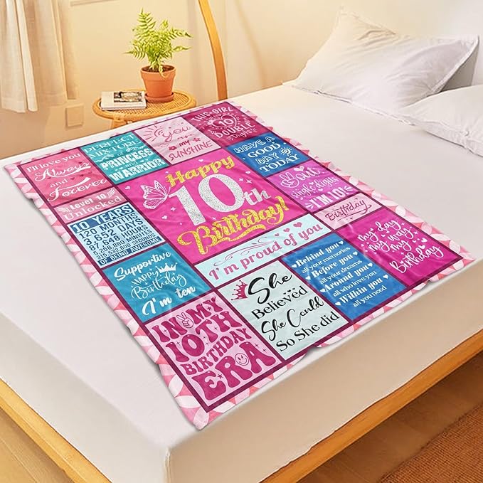 10 Year Old Girl Birthday Gifts, Gifts for 10 Year Old Girl, 10 Year Old Girl Gifts, Birthday Gift for 10 Year Old Girl, 10th Birthday Decorations for Girl, Double Digits Birthday Girl Blanket 50"X60"