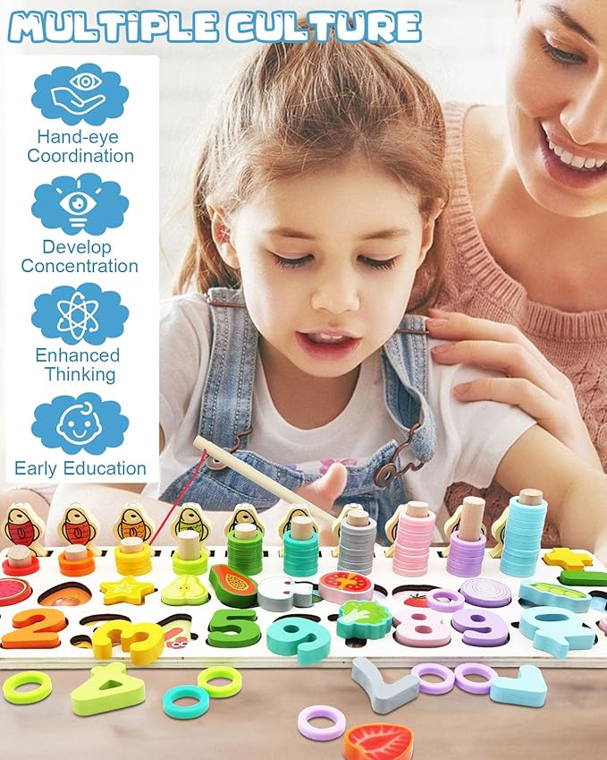 Magnetic Fishing Game, Montessori Educational Toy for 1-3, Wooden Alphabet Number Shape Puzzles, Rings Counting Sorting Toys Math Shape Blocks for Toddlers 3-5