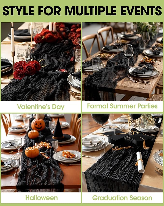 Pureegg 3-Pack Cheese Cloths Table Runner, 120'' Boho Table Cloth Decorations for Party, Baby Shower, Wedding and Farmhouse, Fabric Room Decor, Black