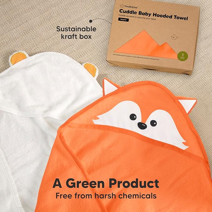 KeaBabies Hooded Baby Towel for Newborn - Viscose Derived from Bamboo Large Baby Bath Towels with Hood for Boys, Girls, Toddler, Extra Absorbent & Soft Newborn Bath Essentials (Fox)
