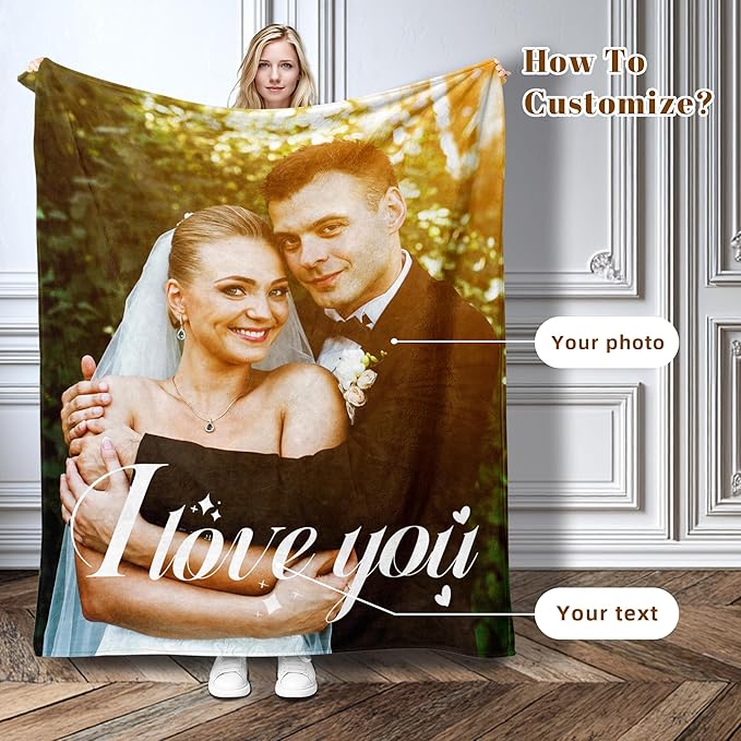 Custom Personalized 9 Photo Collage Blanket Thow Gifts with Text, Customized Pictures Blankets Gift for Christmas Birthday Thanksgiving Adults Kids Dad Mom Girlfriend Boyfriend (1 Grid Text)