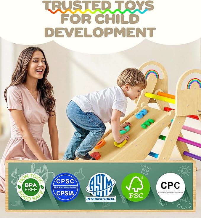 Pikler Triangle Set, 9-in-1 Foldable Wooden Climbing Toy for Toddler 1.8-7Y, Montessori Climber Gifts, Indoor Jungle Gym with Arch&Ramp&Ladder for Kids to Learning Through Playing