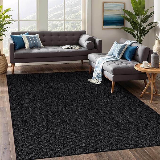 Beverly Rug Easy Jute Rug 4x6 Solid Washable Durable Outdoor Indoor Area Rugs for Living Dining Room Patio Office Stain Resistant Non Shedding Casual Indoor Outside Carpet (4 x 6 Dark Gray)