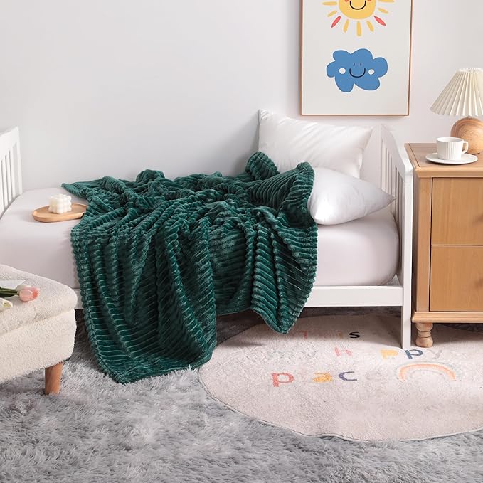 NTBAY Plush Flannel Oversized Baby Blanket, 50X60 Inches Soft and Warm Toddler Blanket with Striped Texture Nursery Bed Blanket for Stroller, Crib, Travel, Baby Gift, 50"x60", Dark Green