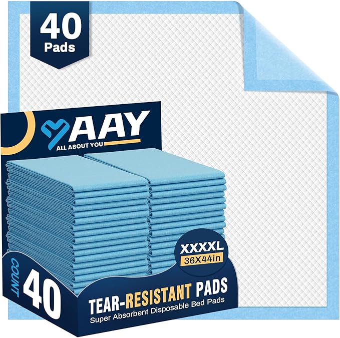 AAY Heavy Duty Disposable Bed Pads 36"X44" (40pcs) Tear-Resistant Cloth Backing Underpads Extra Large Super Absorbent Pee Pads Incontinence Waterproof Chucks Pads for Adults Elderly, Kids or Puppy