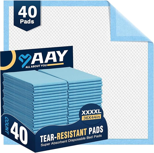 AAY Heavy Duty Disposable Bed Pads 36"X44" (40pcs) Tear-Resistant Cloth Backing Underpads Extra Large Super Absorbent Pee Pads Incontinence Waterproof Chucks Pads for Adults Elderly, Kids or Puppy