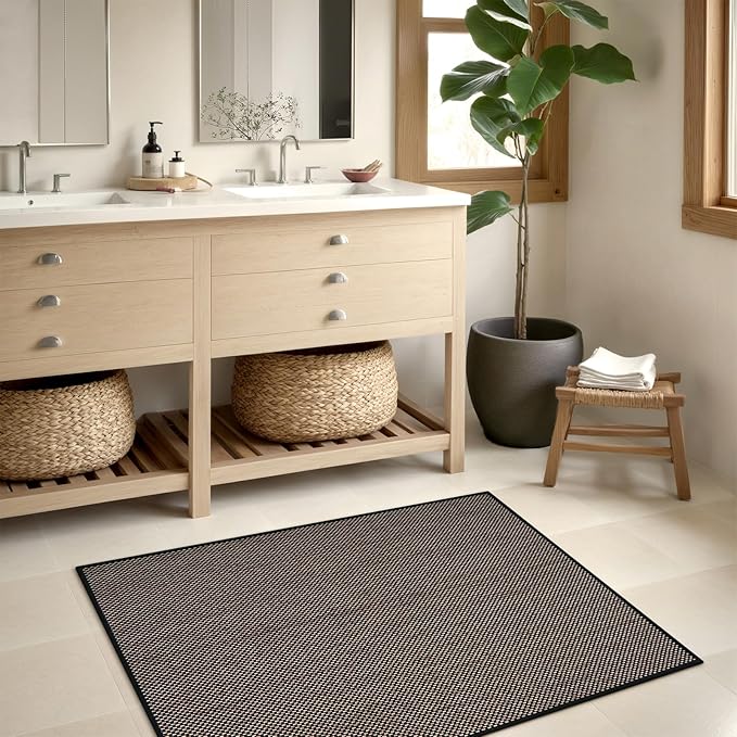 Wonnitar Washable Braided Rugs 2x3 Kitchen Rugs, Absorbent Doormat Woven Neutral Rug, Rubber Backed Non Slip Bathroom Rugs Floor Carpet for Front Door Kitchen Sink(Black,2'x3')