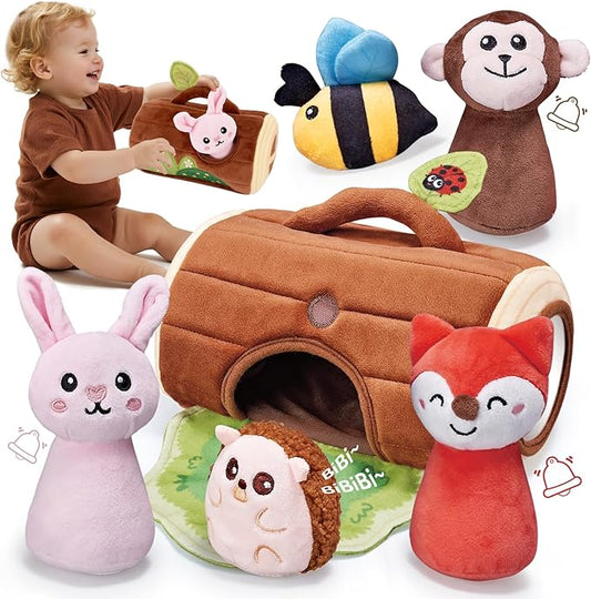 Baby Toys 6-12 Months - Soft Stumps with Jungle Animals Friends,Rattle,Crinkle Paper,Squeaker,Mirror - Sensory Montessori Toys for 6 Month Old Babies,1-3 Year Old Boy Girl Gifts