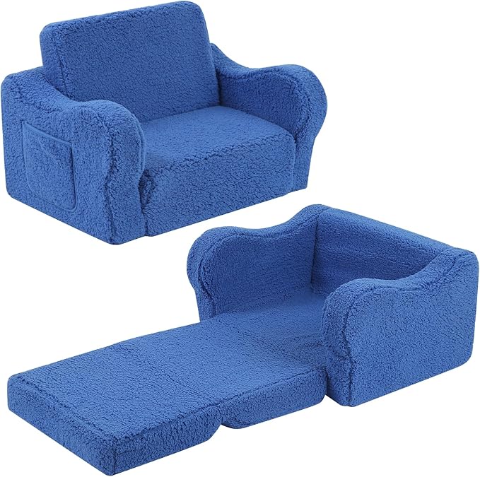 Kids Chairs for Toddler, 2-in-1 Toddler Soft Sherpa Couch Fold Out, Convertible Sofa to Lounger for Girls and Boys, Sky Blue