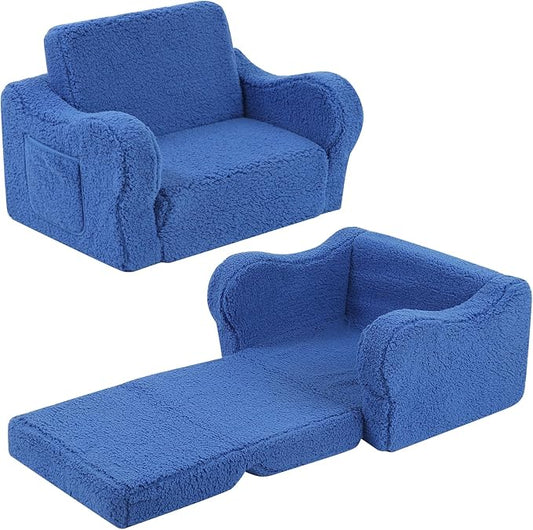 Kids Chairs for Toddler, 2-in-1 Toddler Soft Sherpa Couch Fold Out, Convertible Sofa to Lounger for Girls and Boys, Sky Blue