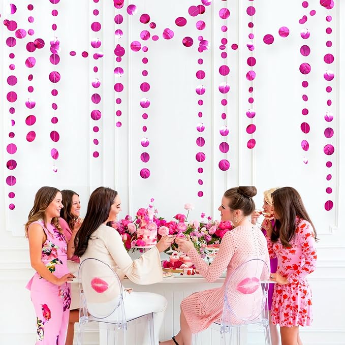 Hot Pink Party Decorations Circle Dots Garland Metallic Rose Pink Hanging Paper Polka Dots Streamer for Bachelorette Birthday Engagement Wedding Bridal Shower Anniversary Baby Shower Party Supplies