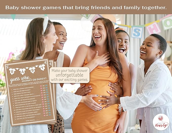 Party Hearty Baby Shower Games for Girl or Boy, 50 pcs Mommy or Daddy Guess Who Game, Fun Activity Cards, Gender Neutral, Ideas