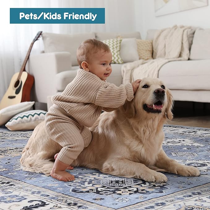 Dripex Vintage Round Rug-5ft Distressed Washable Rugs for Living Room Indoor Soft Non-Slip Circle Rugs for Kitchen Dining Room Floral Print Low-Pile Carpet Farmhouse Office Home Decor