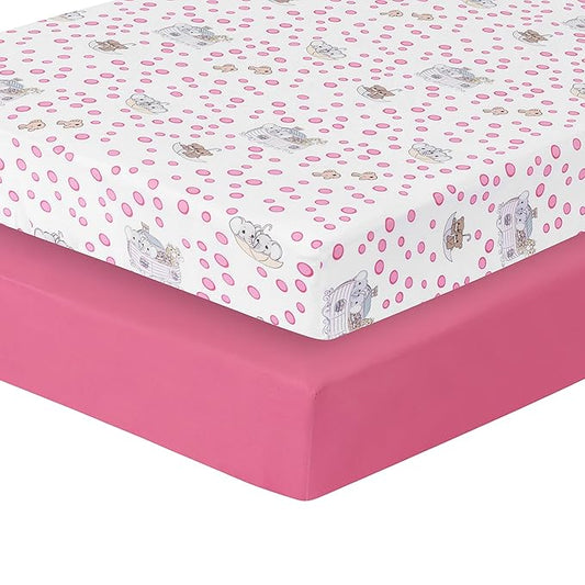 Precious Moments Noah’s Ark Fitted Crib Sheet 2 Pack for Baby Girl by Everyday Kids; 1 Animals on the Ark Printed Crib Sheet and 1 Solid Bright Pink; Adorable Wildlife Elephants, Giraffes, Bears Print