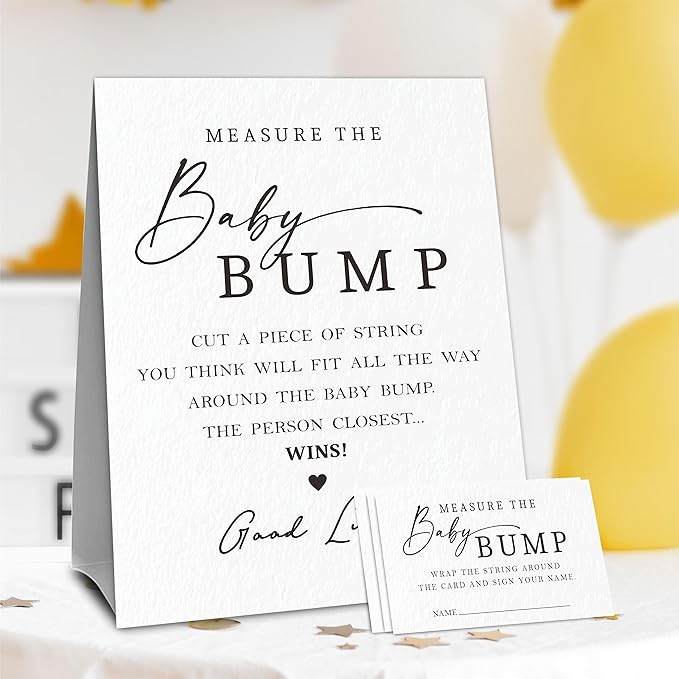 Minimalism Baby Shower Measure The Baby Bump, Measure Mommy's Belly Game Set - 1 Self-Standing Sign And 50 Tickets - Gender Reveal, Baby Shower, Baby Announcement Activity & Party Favor Supplies - A06