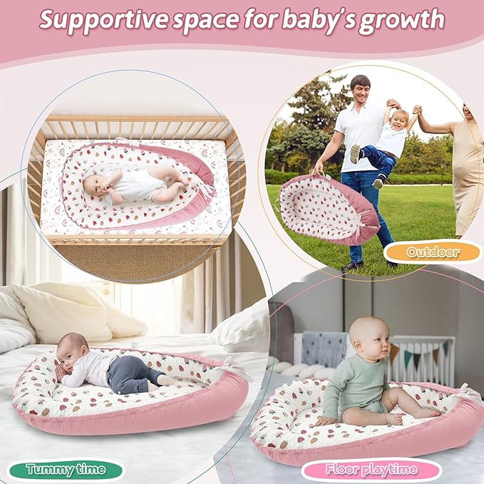 ALINUX Baby Lounger for Newborn 0-24 Months,100% Cotton Baby Lounger Cover, Suitable for Babies Aged 0-24 Months, Pink