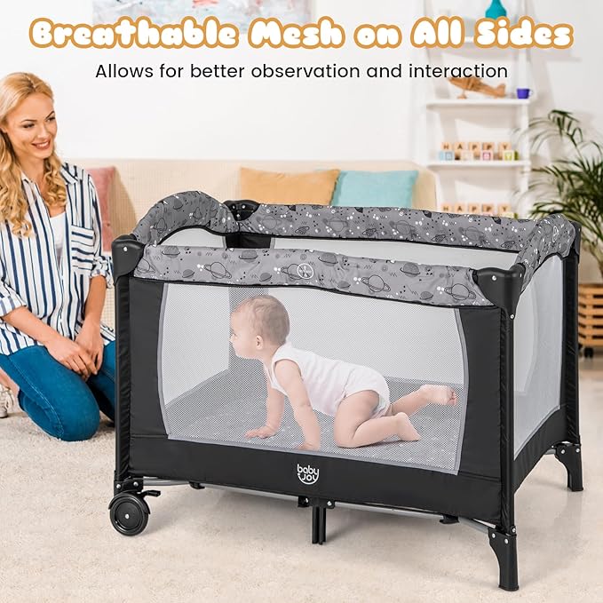 BABY JOY 3 in 1 Pack and Play, Portable Baby Playard with Bassinet, Changing Table, Lockable Wheels, Glowing Music Box, Travel Baby Crib Bassinet Bed from Newborn to Toddler