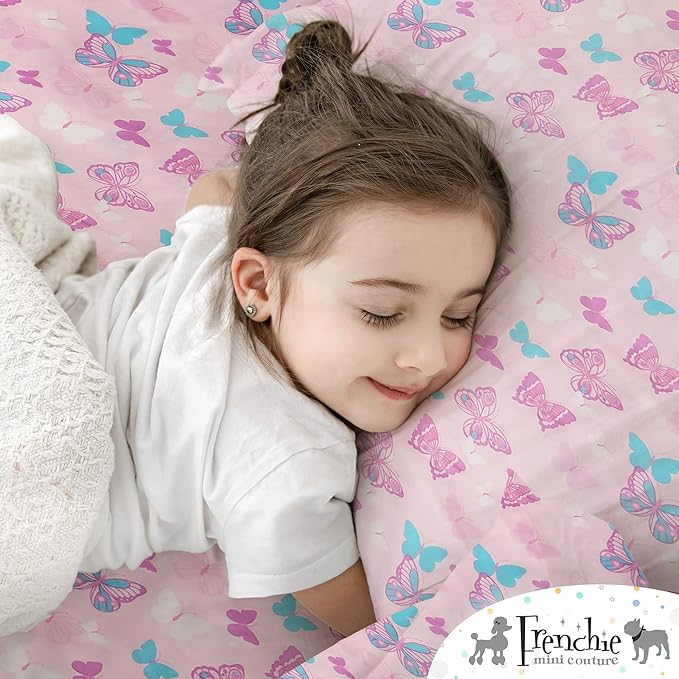2-Piece Kids Twin Sheets Set, 100% Woven Cotton, Deep Pocket Bed Sheet 39 x 75 x 15in + Pillowcase 20 x 30, Butterfly (Pink)