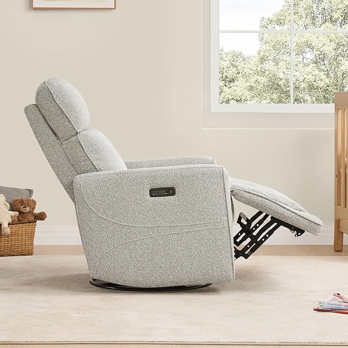 CHITA Electronic Power Recliner Chair Swivel Glider, FSC Certified Modern Nursery Rocking Chair with USB and Type-C Ports, Light Grey