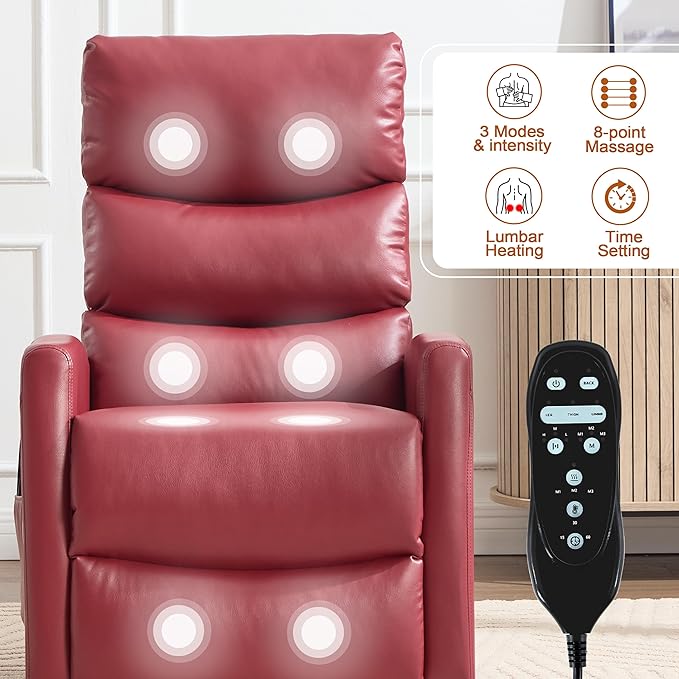 Manual Swivel Rocker Recliner Chair with Massage, Overstuffed Recliner Glider with Vibration Massage and Heat for Nursery, Living Room Reclining Sofa Chair, PU Leather Red