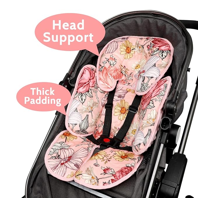 Pink Infant Car Seat Head Body Support Pillow, 2-in-1 Reversible CarSeat Insert,Soft Cushion for Stroller, Swing, Bouncer,Flowers