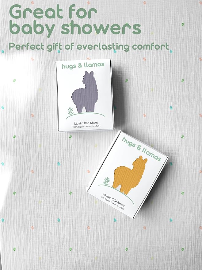 Hugs & Llamas | 100% Organic Cotton Muslin Fitted Crib Sheet | Premium Baby Sheets for Boys & Girls | Neutral Mattress Sheet