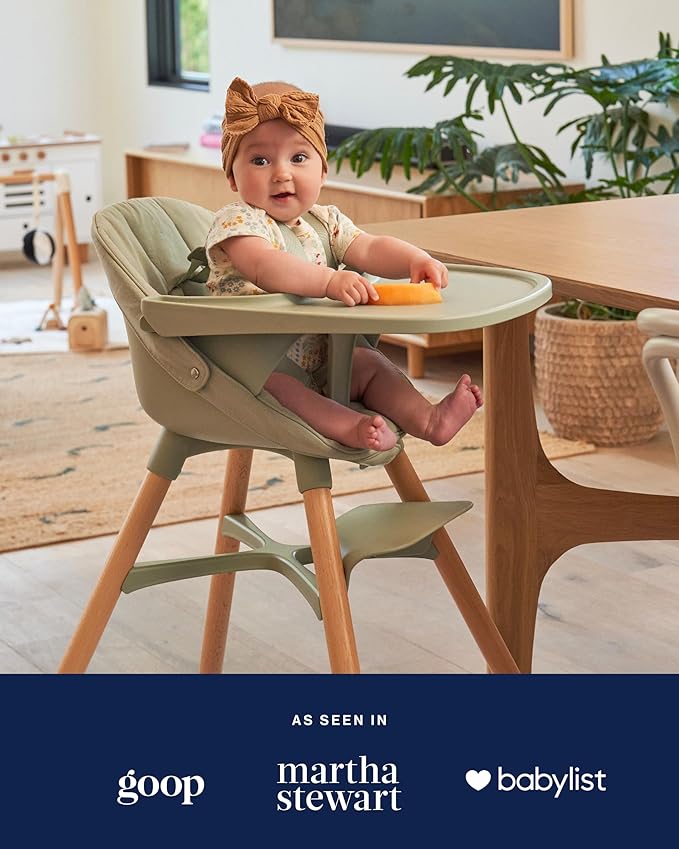 Lalo The High Chair Infant Kit - Convertible Wooden High Chair for Babies & Toddlers with Infant Support & Cushion, Grows with Your Child, Dishwasher Safe Tray, Adjustable Footrest Sage