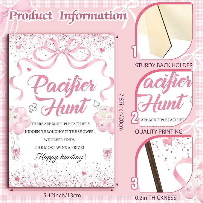 Thyle 51 Pcs Pacifier Hunt Baby Shower Games Include Hunt Sign and 50 Acrylic Pacifiers for Baby Shower Game Decoration Gift Sets Gender Reveal Party Decor(Pink Bow)