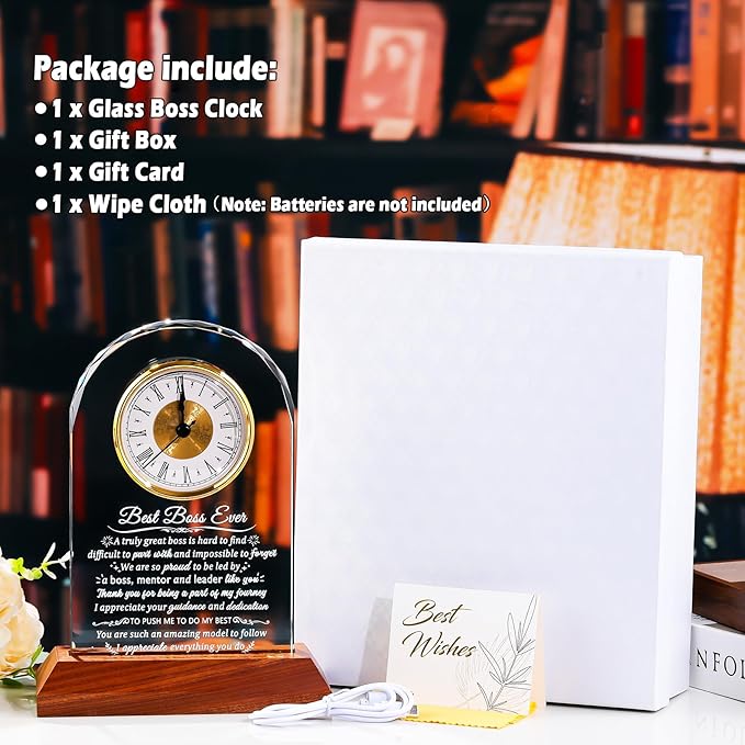 Glass Clock Best Boss Ever Gifts for Women with Wooden LED Light Base, Personalized Appreciation Gift for Men, Retirement Clock for Lady Boss Going Away, Boss's Day Gift Idea for Office Desk Clock