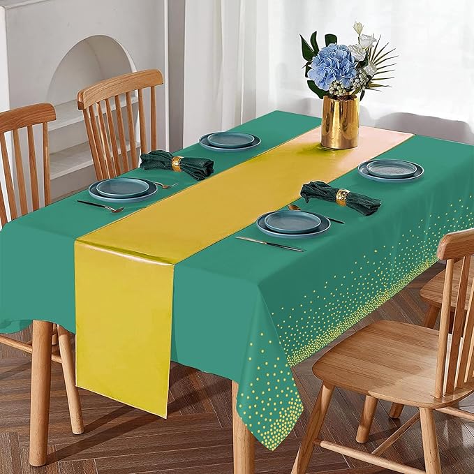 8Pack Disposable Plastic Party Tablecloths and Satin Table Runner Set Green and Gold Dot Table Cloth Gold Satin Table Runner for Wedding Birthday Baby Shower Anniversary Holiday Party Decorations